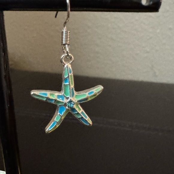 Starfish Dangle Earrings in Blue and Silver Tone - Picture 2 of 5